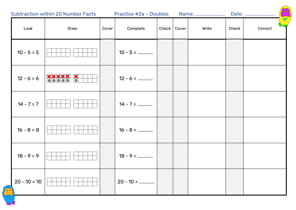 subtraction number facts practice sheet